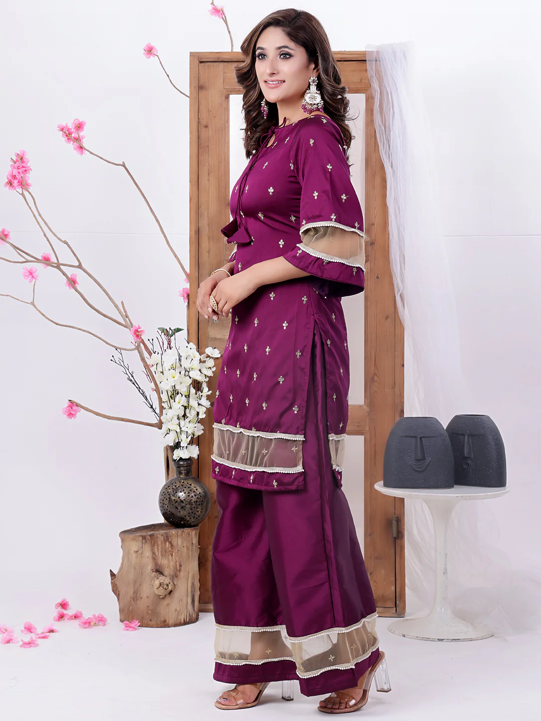Bollywood Vogue Ready To Wear Wine Art Silk Embroidered Palazzo Suit - Image 2