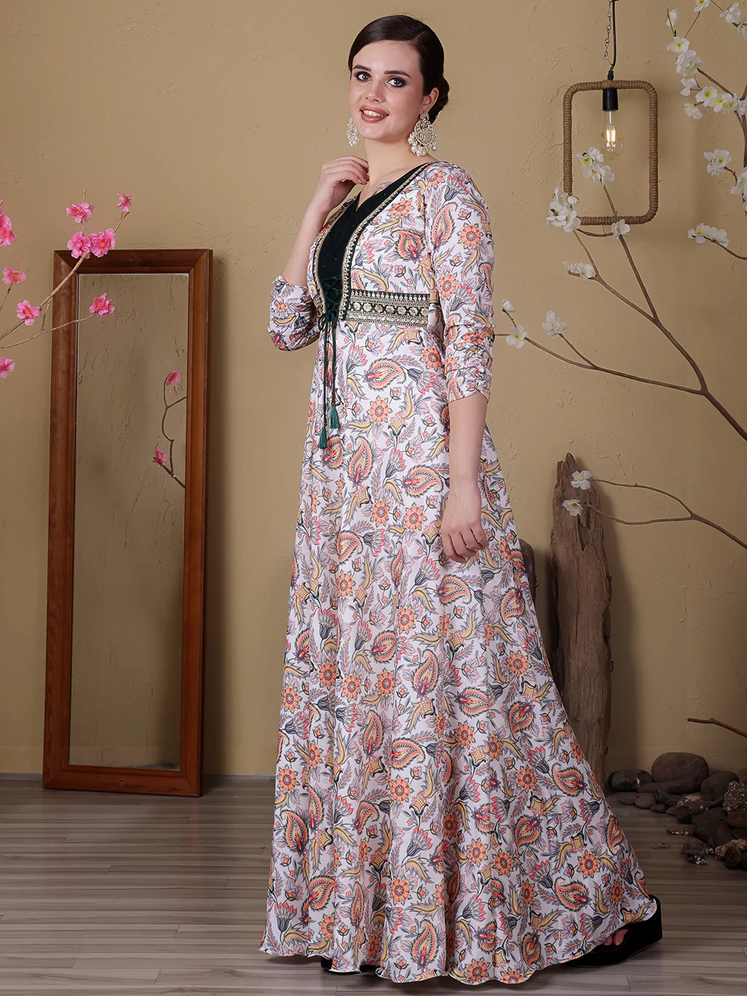 Bollywood Vogue Ready To Wear White N Green Satin Digital Printed Anarkali Suit - Image 2