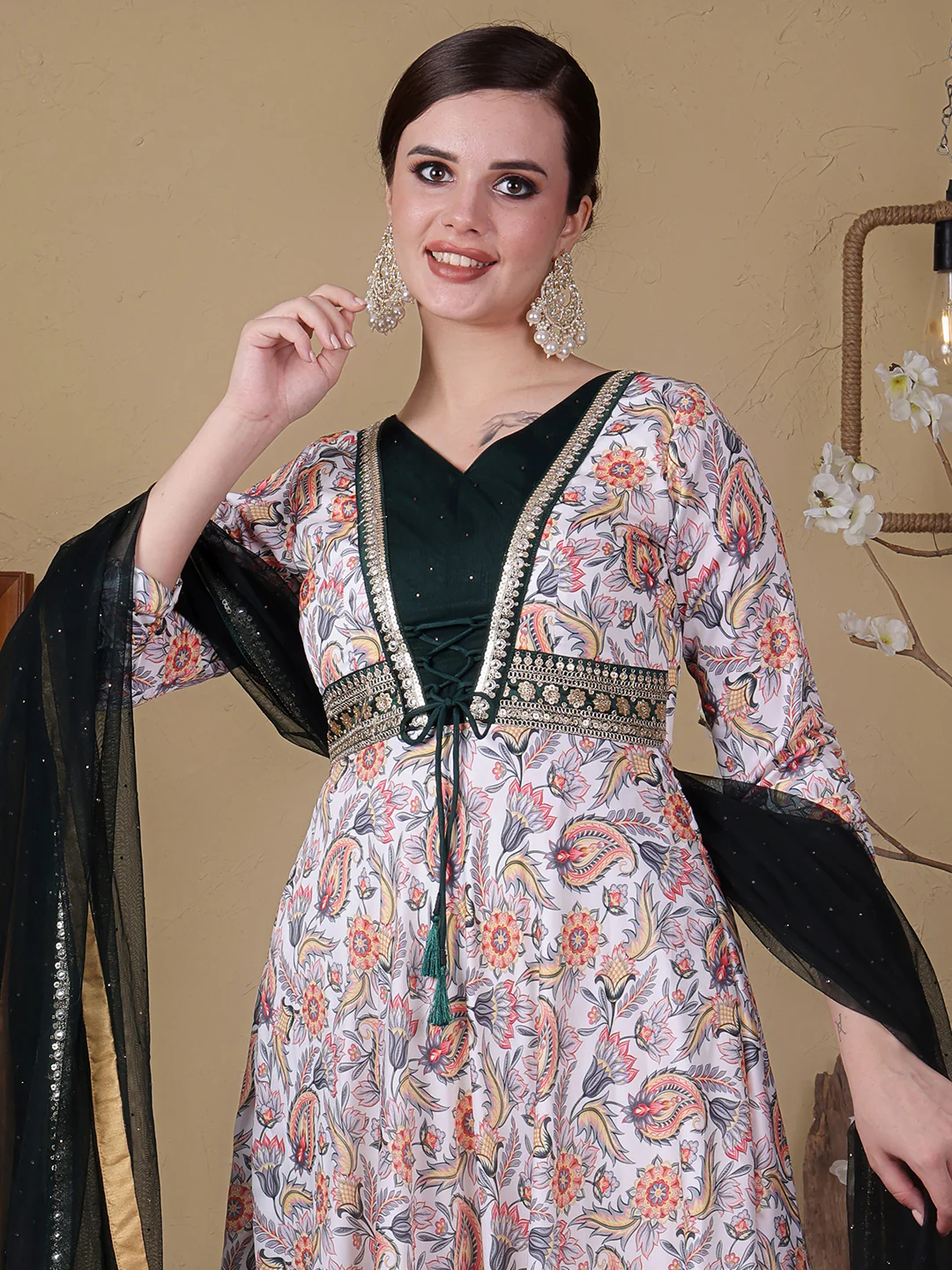 Bollywood Vogue Ready To Wear White N Green Satin Digital Printed Anarkali Suit - Image 3
