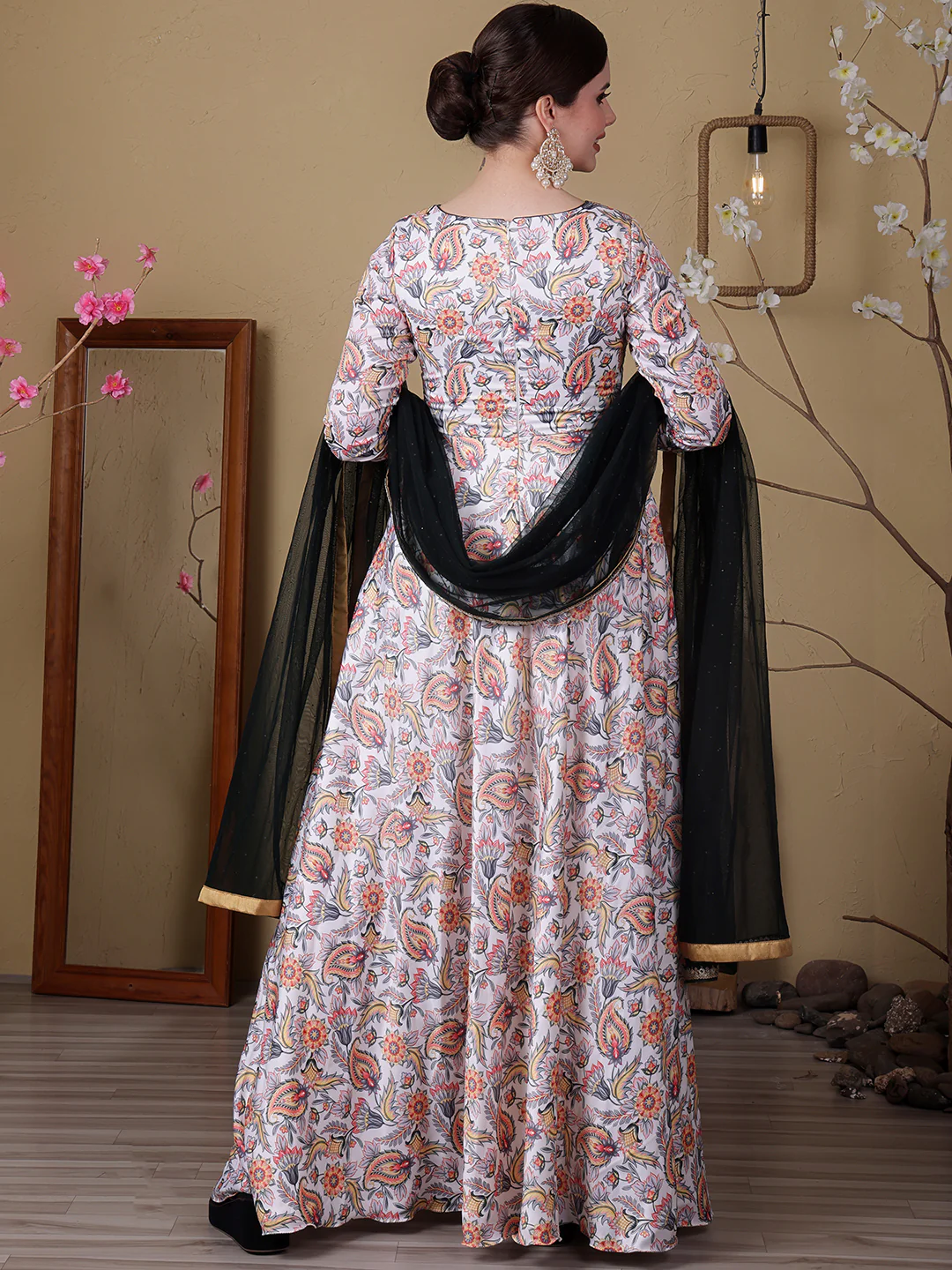 Bollywood Vogue Ready To Wear White N Green Satin Digital Printed Anarkali Suit - Image 6