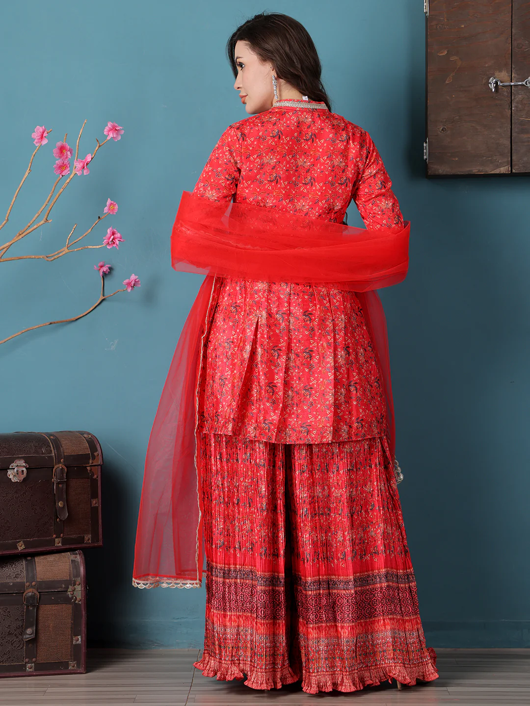 Bollywood Vogue Ready To Wear Red Chinon Digital Printed Palazzo Suit - Image 2