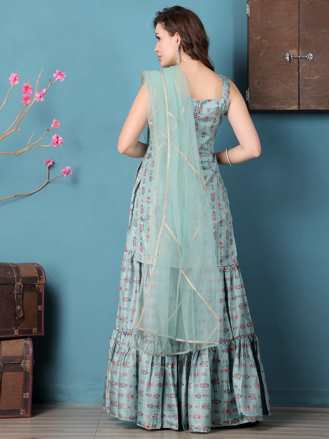 Bollywood Vogue Ready To Wear Green Art Silk Digital Printed Gharara Suit - Image 2