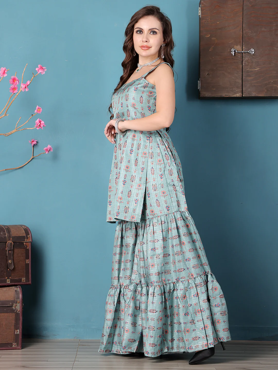 Bollywood Vogue Ready To Wear Green Art Silk Digital Printed Gharara Suit - Image 3