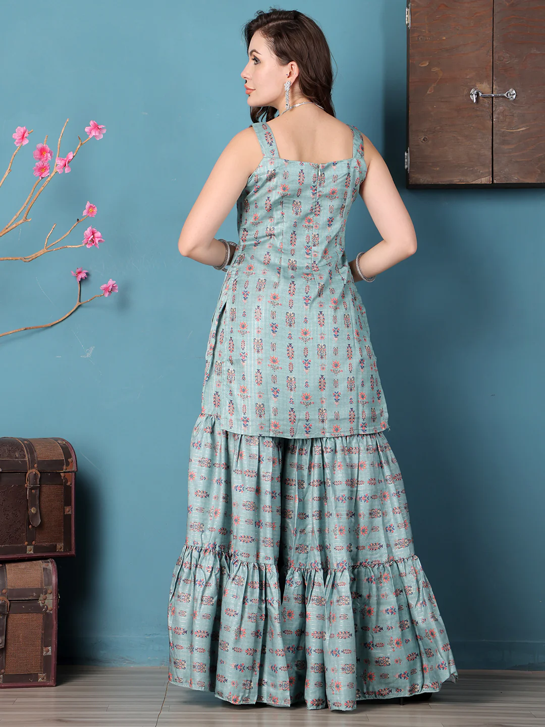 Bollywood Vogue Ready To Wear Green Art Silk Digital Printed Gharara Suit - Image 4