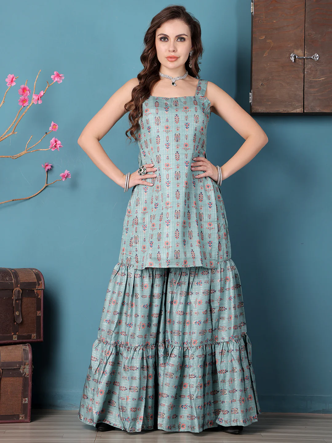Bollywood Vogue Ready To Wear Green Art Silk Digital Printed Gharara Suit - Image 7