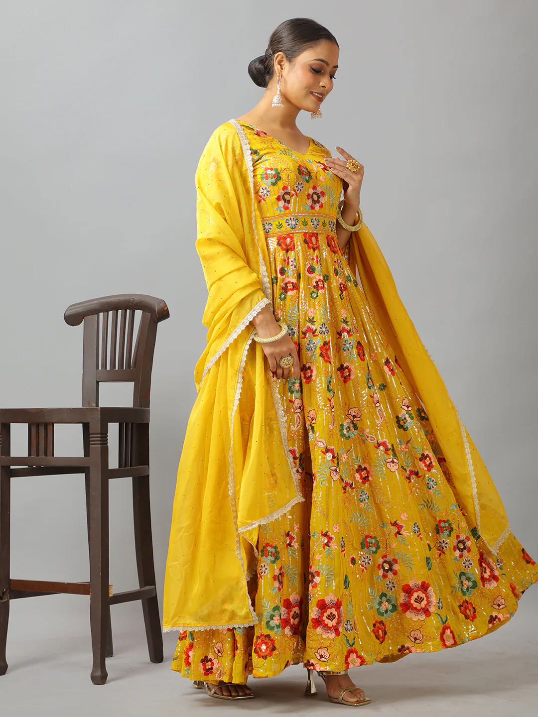Bollywood Vogue Ready To Wear Classic Top N Mustard Embroidered Anarkali Suit - Image 3