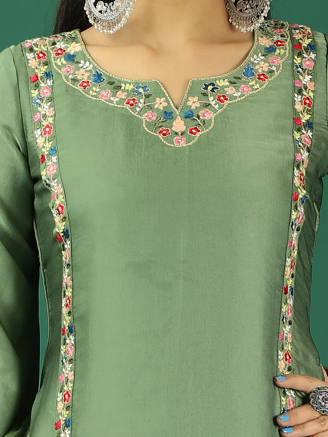 Bollywood Vogue Ready To Wear Green Art Silk Embroidered Straight Pant Suit - Image 4