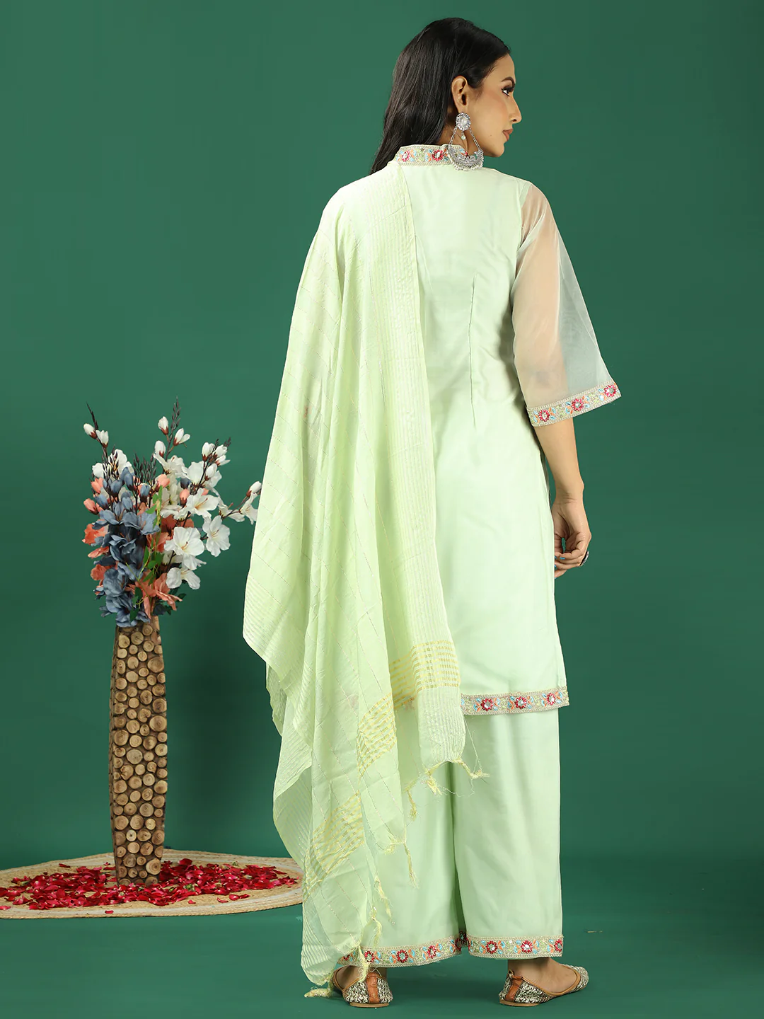 Bollywood Vogue Ready To Wear Mint Green Organza Wide Leg Pant Suit - Image 7