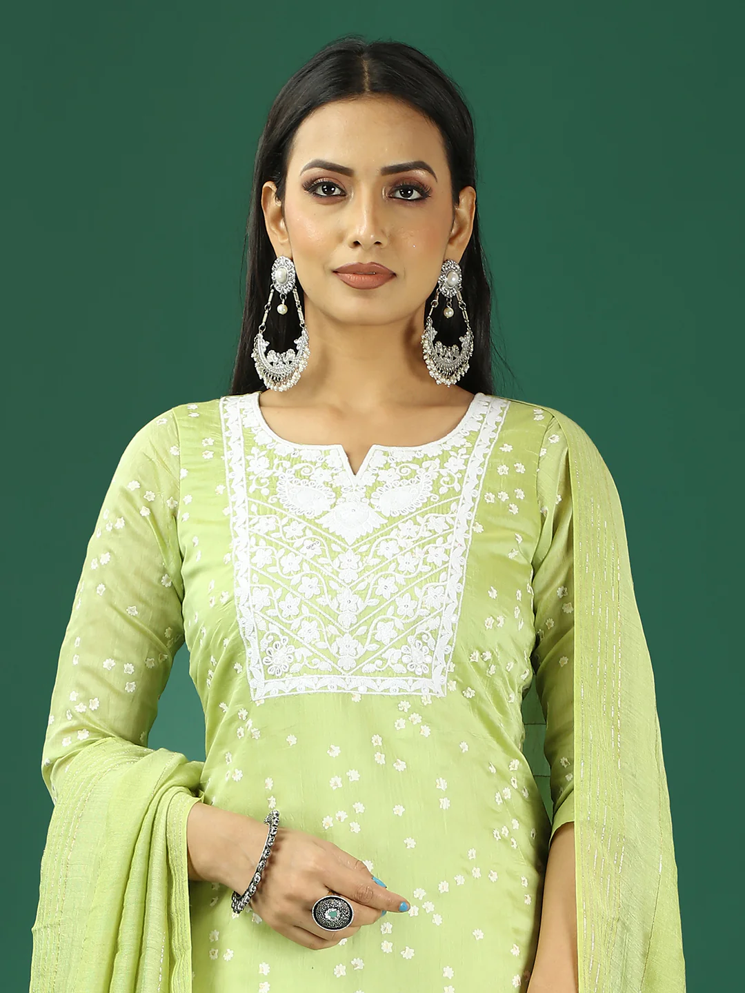 Bollywood Vogue Ready To Wear Light Green Cotton Foil Printed Straight Pant Suit - Image 3