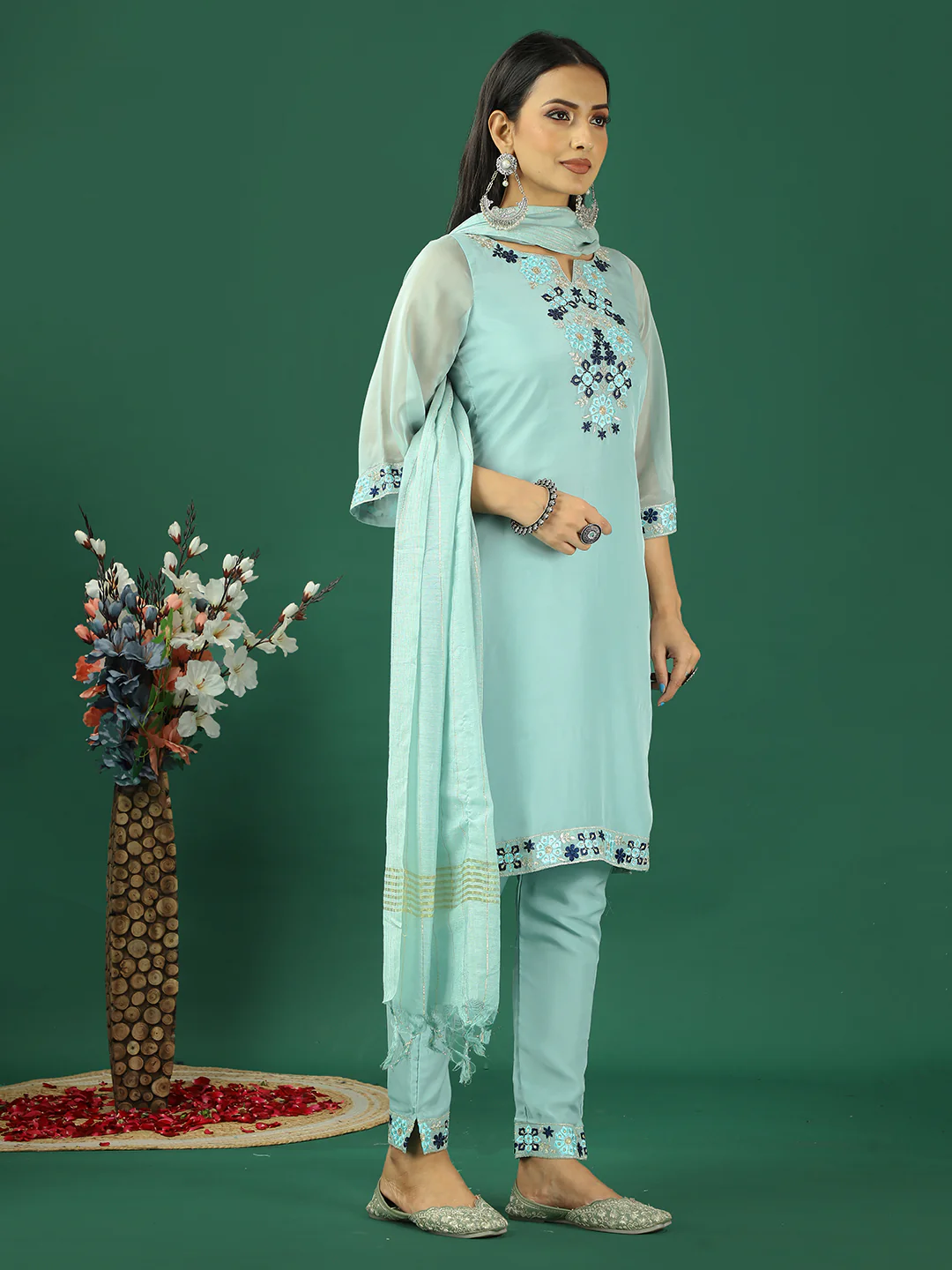 Bollywood Vogue Ready To Wear Blue Organza Embroidred Straight Pant Suit - Image 2