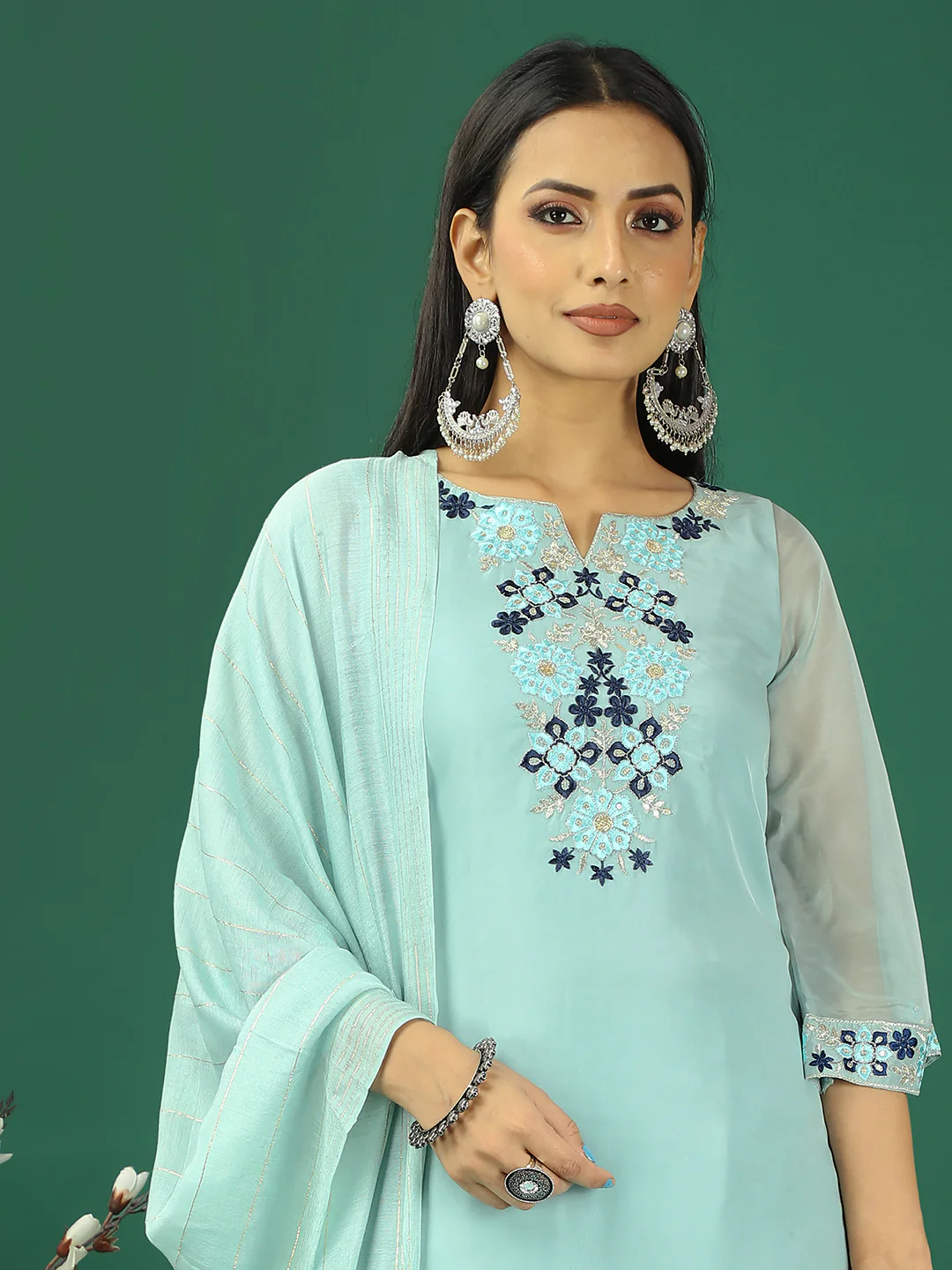 Bollywood Vogue Ready To Wear Blue Organza Embroidred Straight Pant Suit - Image 3