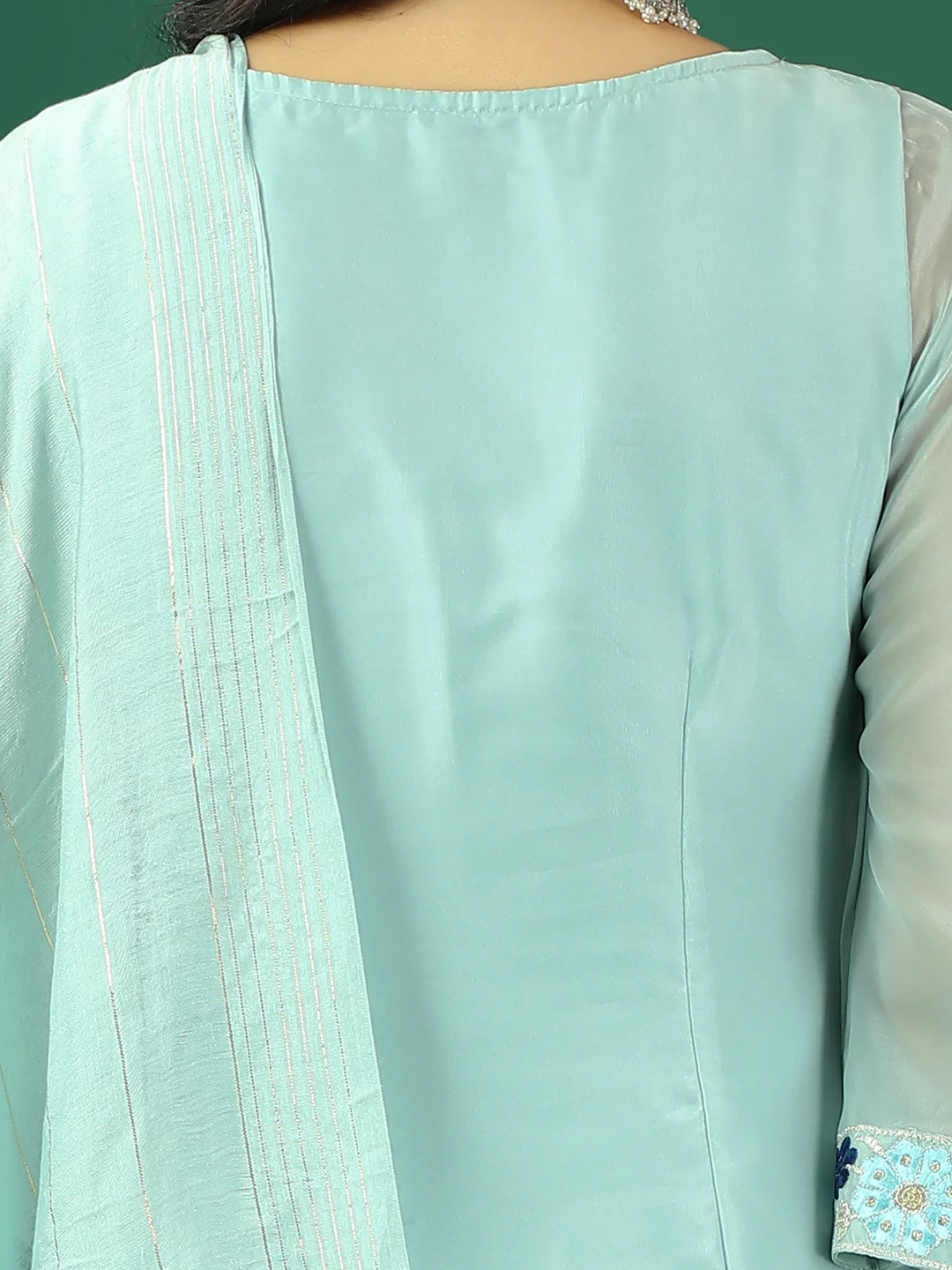 Bollywood Vogue Ready To Wear Blue Organza Embroidred Straight Pant Suit - Image 5