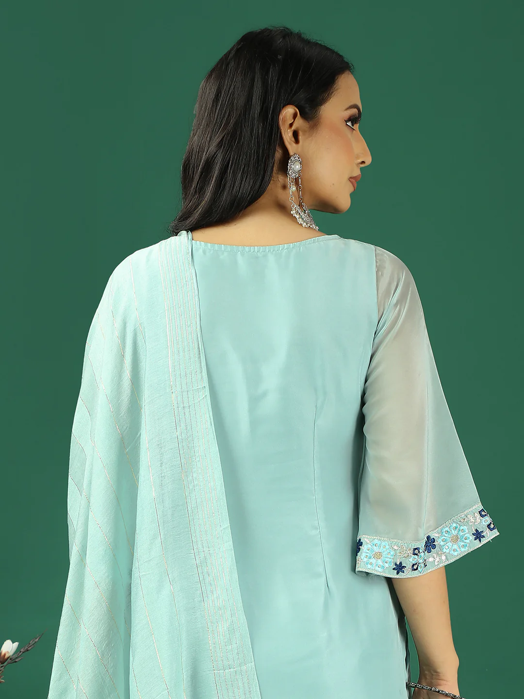 Bollywood Vogue Ready To Wear Blue Organza Embroidred Straight Pant Suit - Image 6