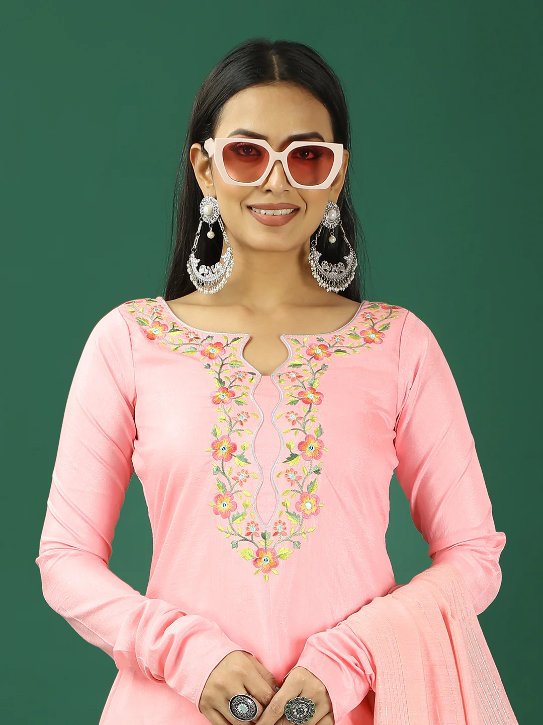 Bollywood Vogue Ready To Wear Pink Art Silk Embroidered Straight Pant Suit - Image 3