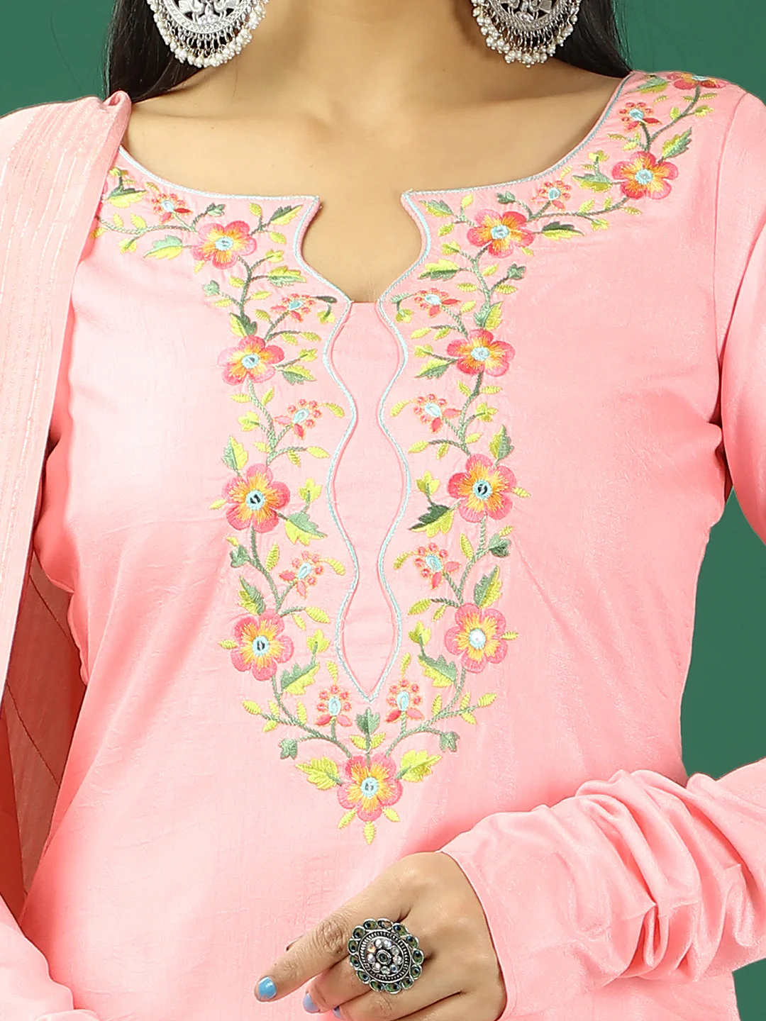 Bollywood Vogue Ready To Wear Pink Art Silk Embroidered Straight Pant Suit - Image 4