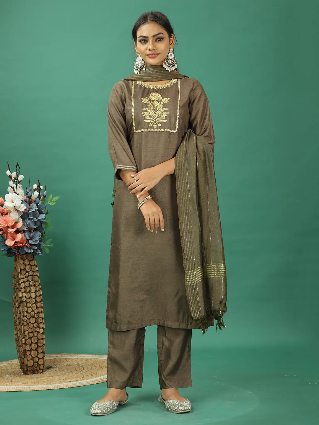 Bollywood Vogue Ready To Wear Green Art Silk Straight Pant Suit