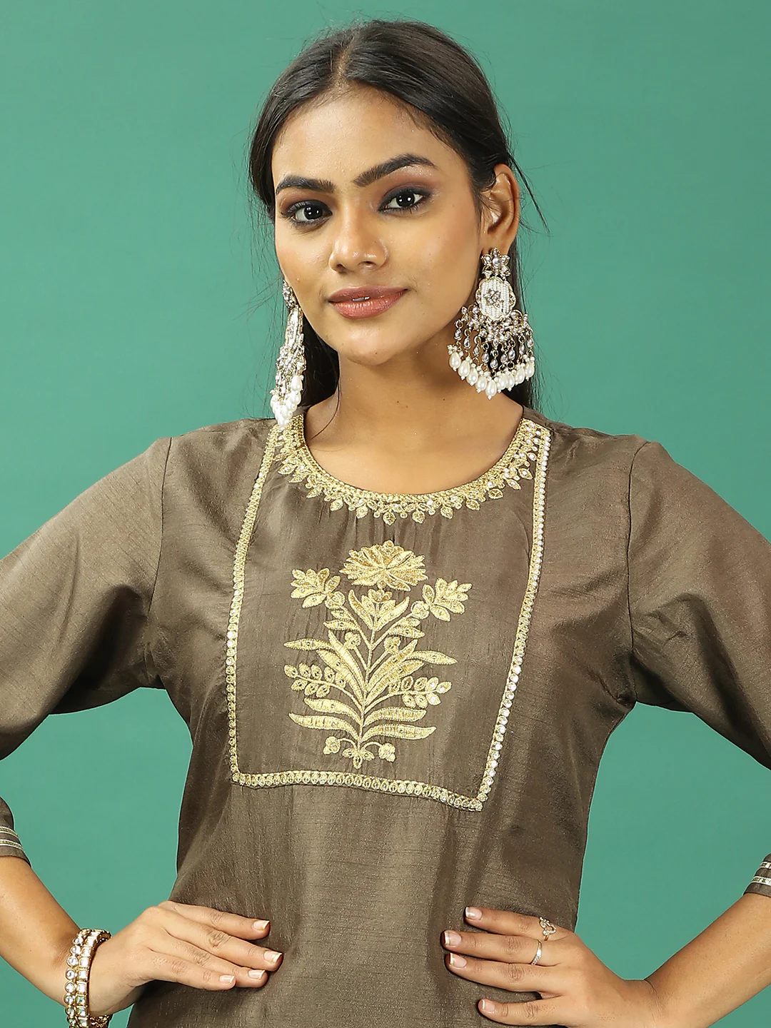 Bollywood Vogue Ready To Wear Green Art Silk Straight Pant Suit - Image 3