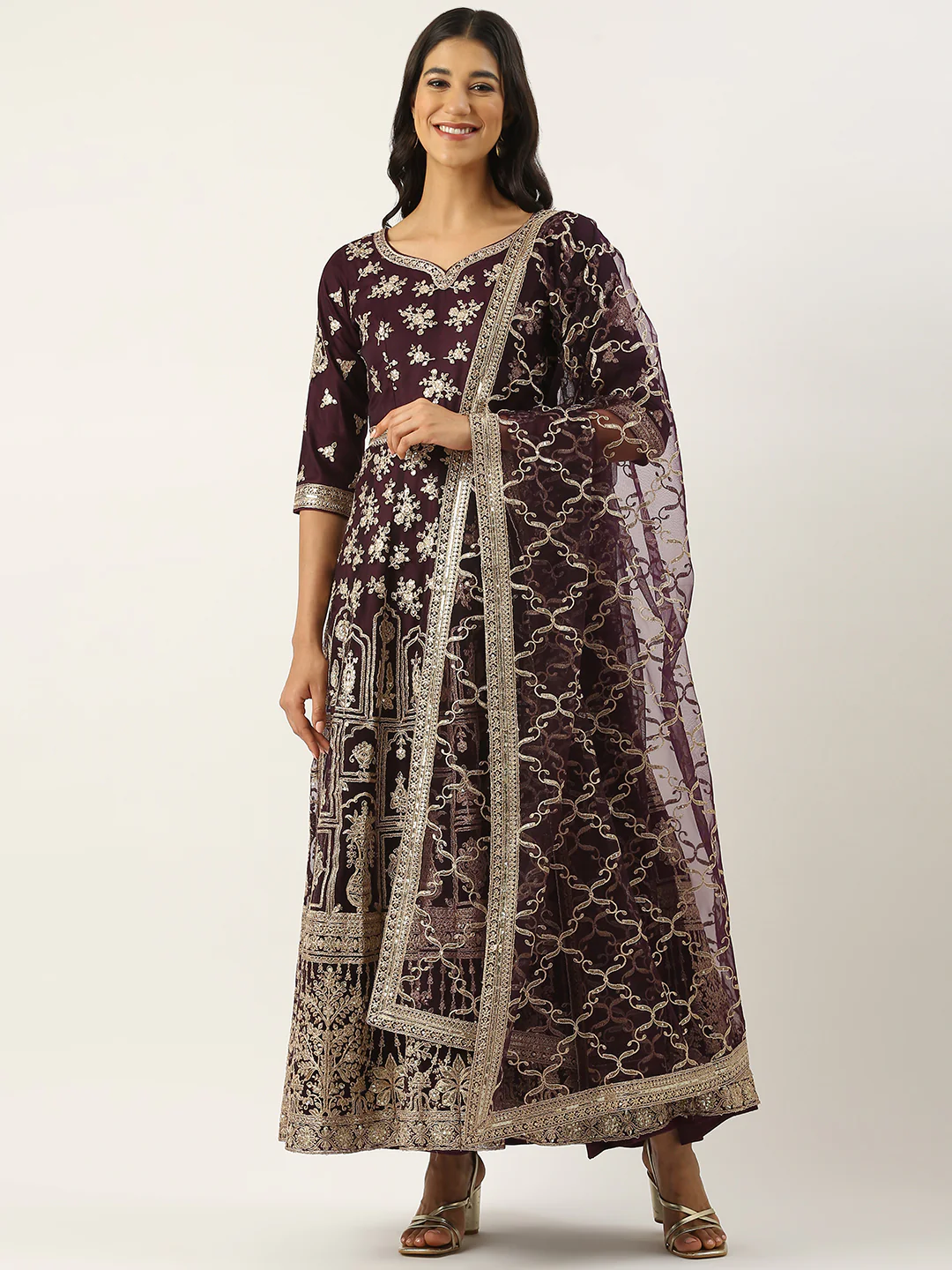 Bollywood Vogue Ready To Wear Classic Purple Net Embroidered Anarkali Suit