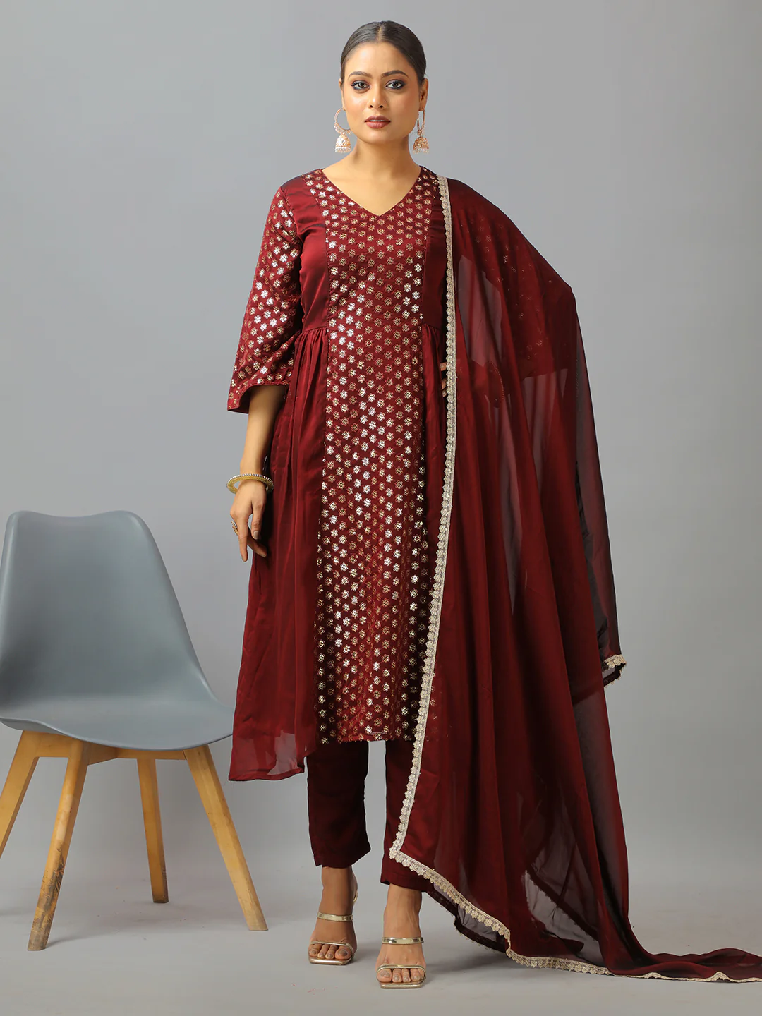 Bollywood Vogue Ready To Wear Dark Brown Silk Embroidered Straight Pant Suit