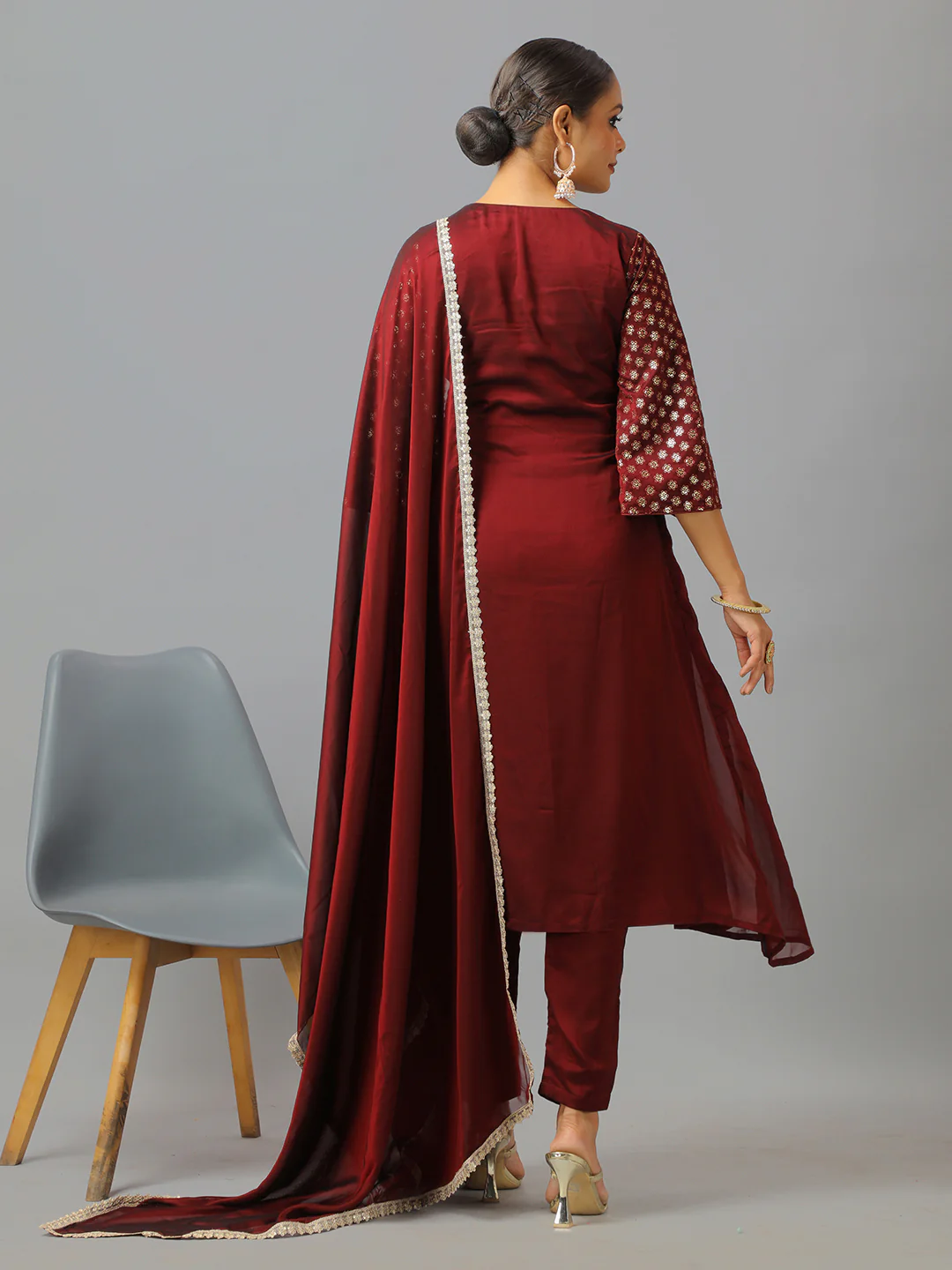 Bollywood Vogue Ready To Wear Dark Brown Silk Embroidered Straight Pant Suit - Image 7