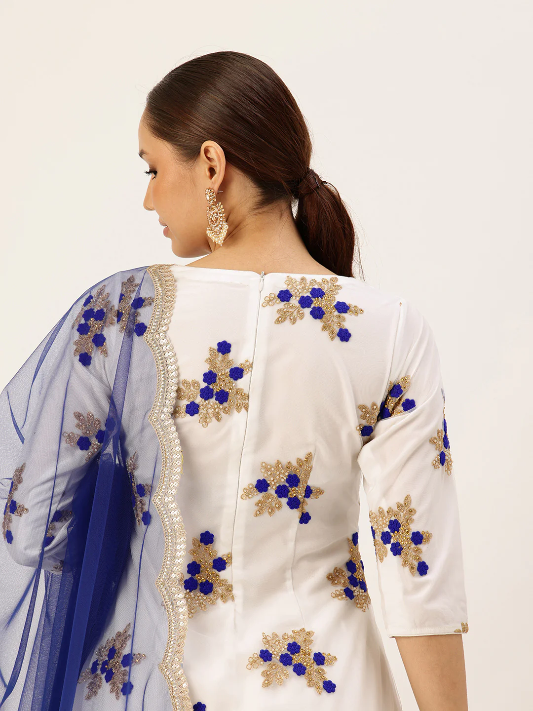 Bollywood Vogue Ready To Wear White Embroidered Net Wide Leg Pant Suit - Image 6