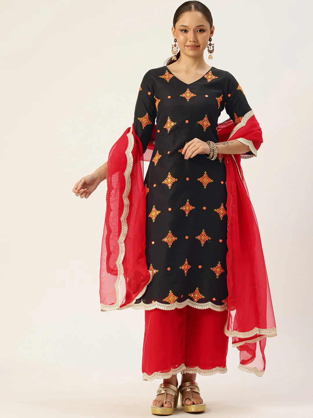 Bollywood Vogue Ready To Wear Black Embroidered Cotton Wide Leg Pant Suit