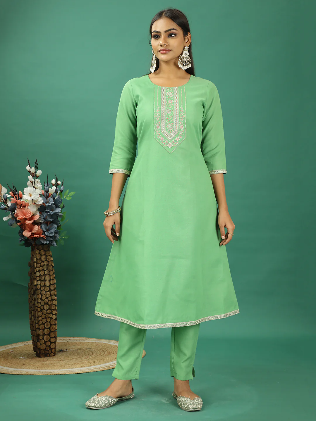 Bollywood Vogue Ready To Wear Green Rayon Embroidered Narrow Straight Pant Suit - Image 2