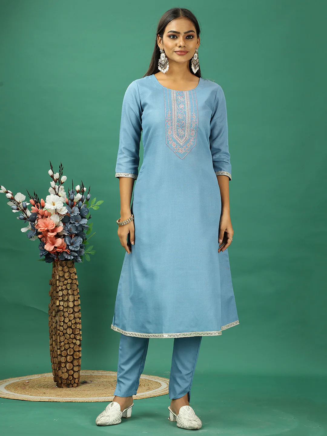 Bollywood Vogue Ready To Wear Blue Rayon Embroidered Narrow Straight Pant Suit - Image 2