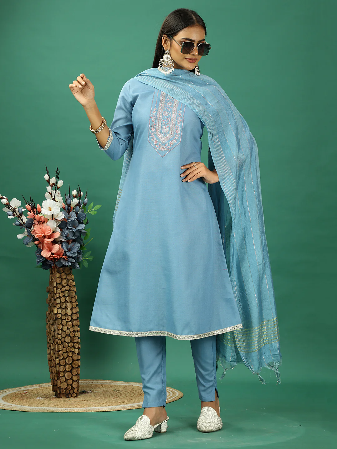 Bollywood Vogue Ready To Wear Blue Rayon Embroidered Narrow Straight Pant Suit - Image 5