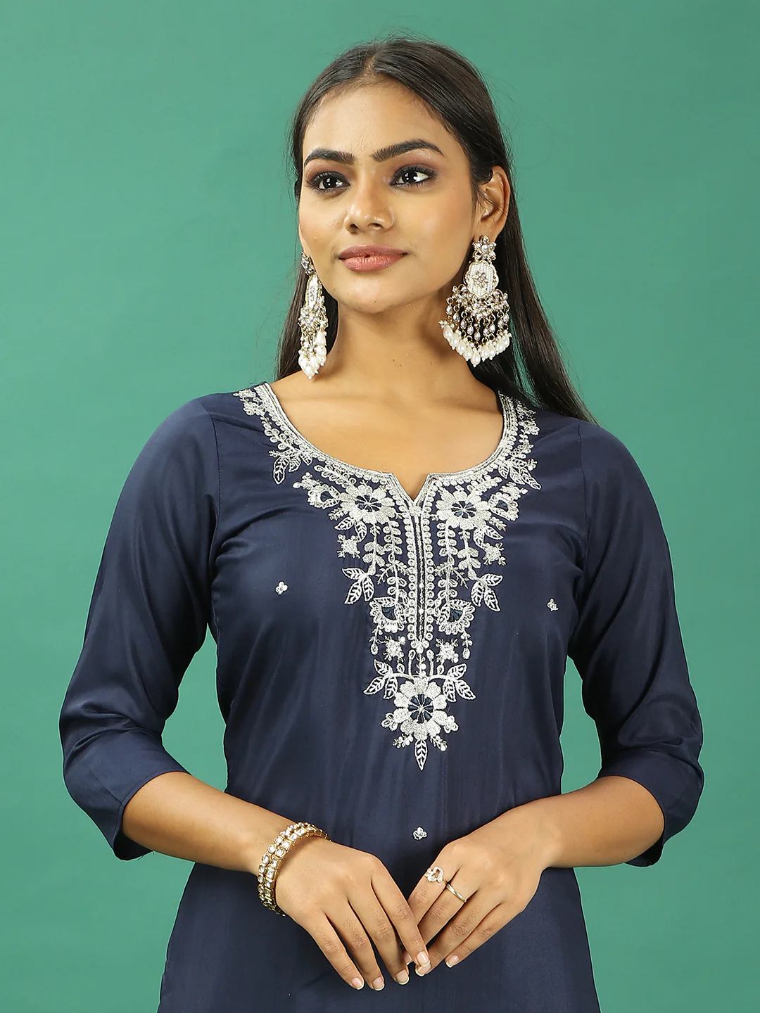 Bollywood Vogue Ready To Wear Blue Silk Embroidered Narrow Straight Pant Suit - Image 3