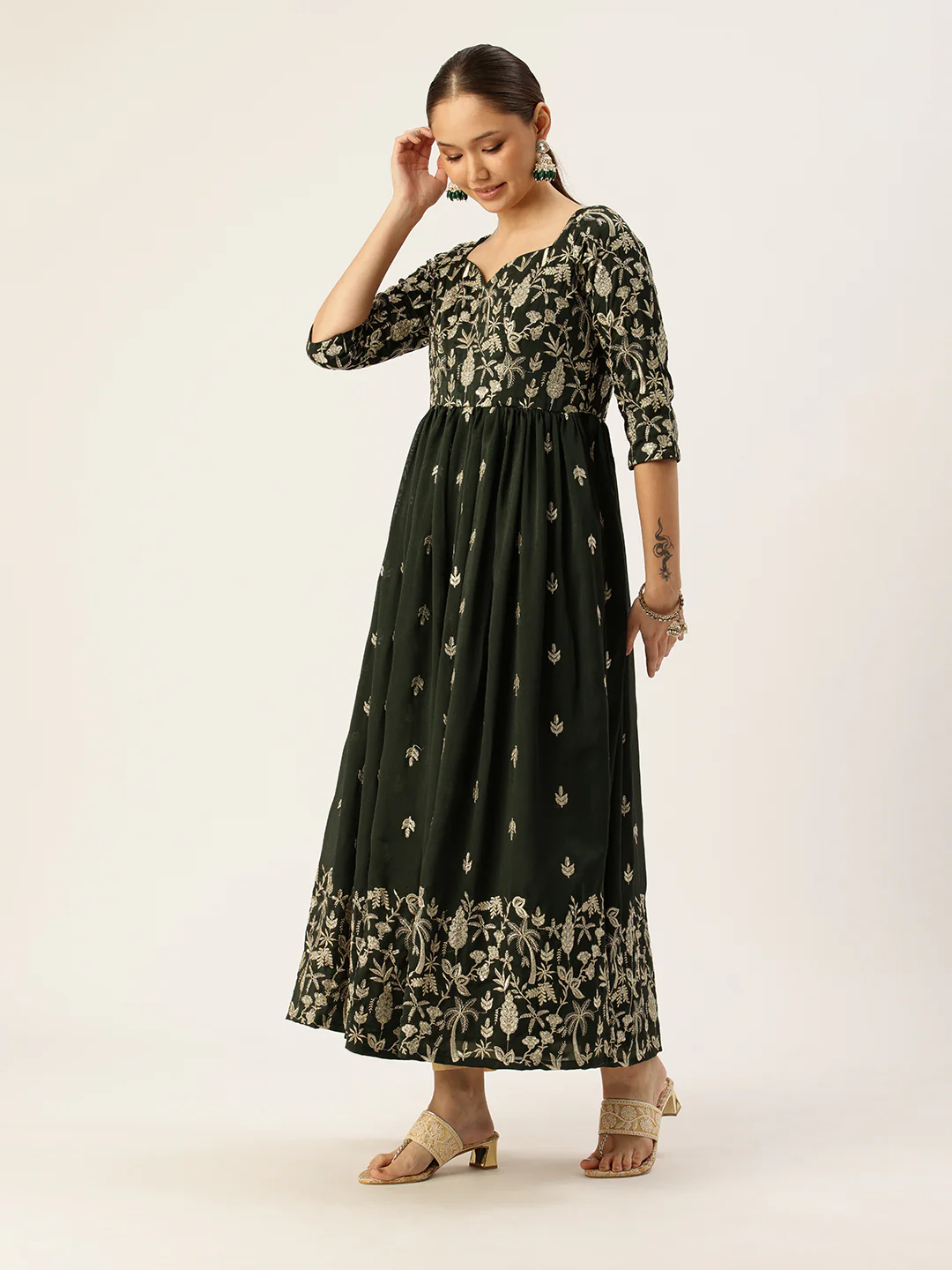 Bollywood Vogue Ready To Wear Green Art Silk Embroidered Anarkali Suit - Image 2