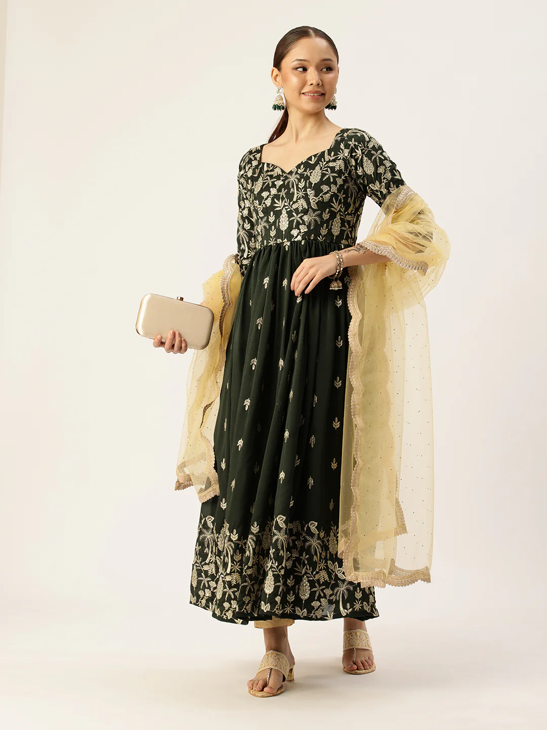 Bollywood Vogue Ready To Wear Green Art Silk Embroidered Anarkali Suit - Image 3