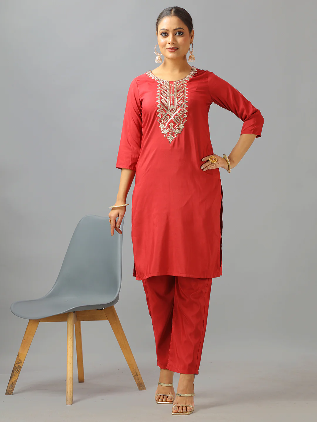 Bollywood Vogue Ready To Wear Maroon Art Silk Embroidered Straight Pant Suit - Image 3