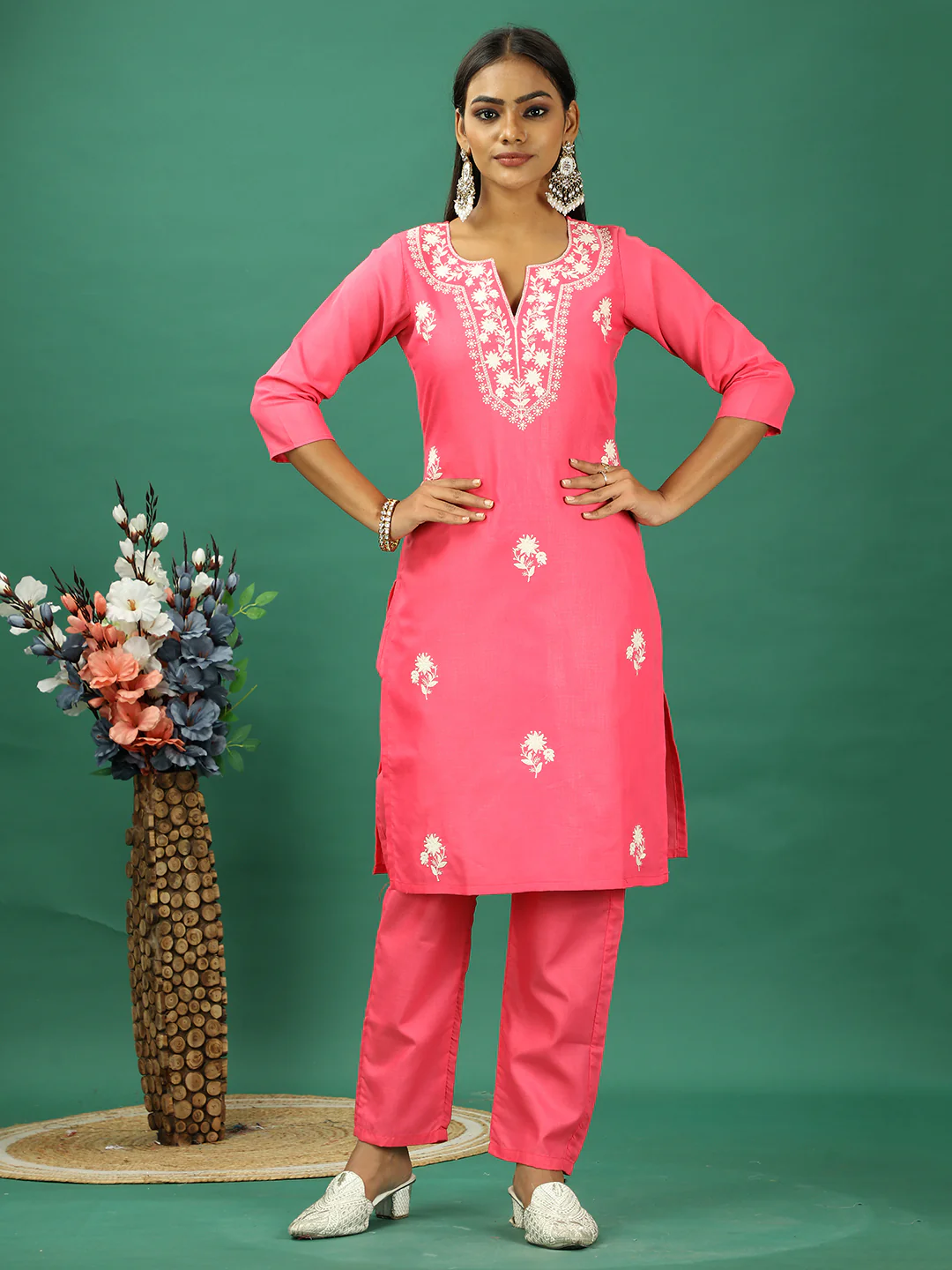 Bollywood Vogue Ready To Wear Pink Rayon Embroidered Straight Pant Suit - Image 2