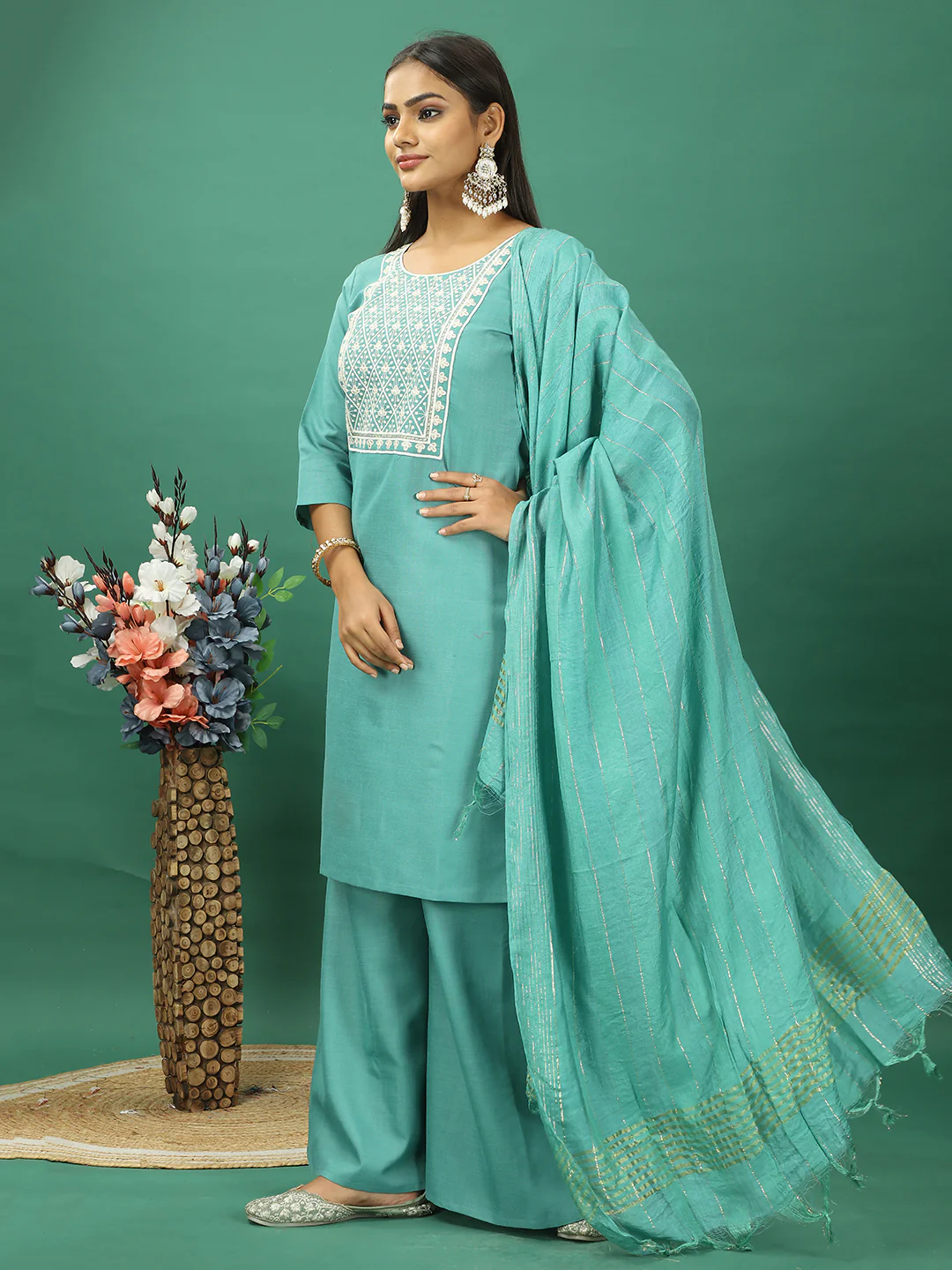 Bollywood Vogue Ready To Wear Green Rayon Embroidered Palazzo Suit - Image 2