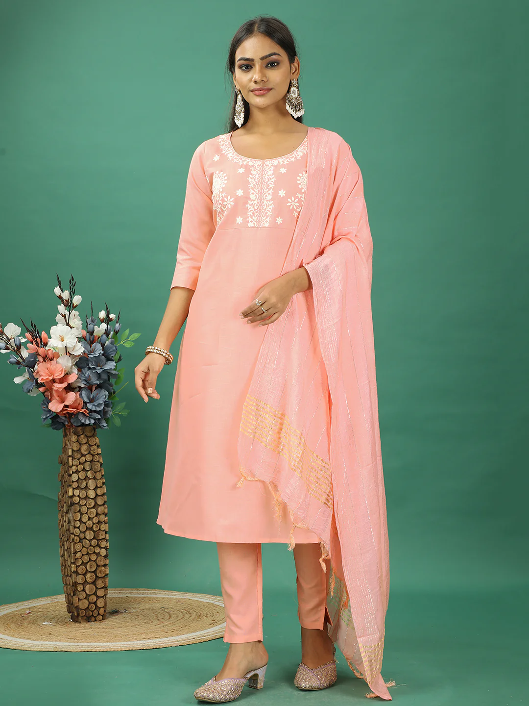 Bollywood Vogue Ready To Wear Peach Rayon Embroidered Narrow Straight Pant Suit