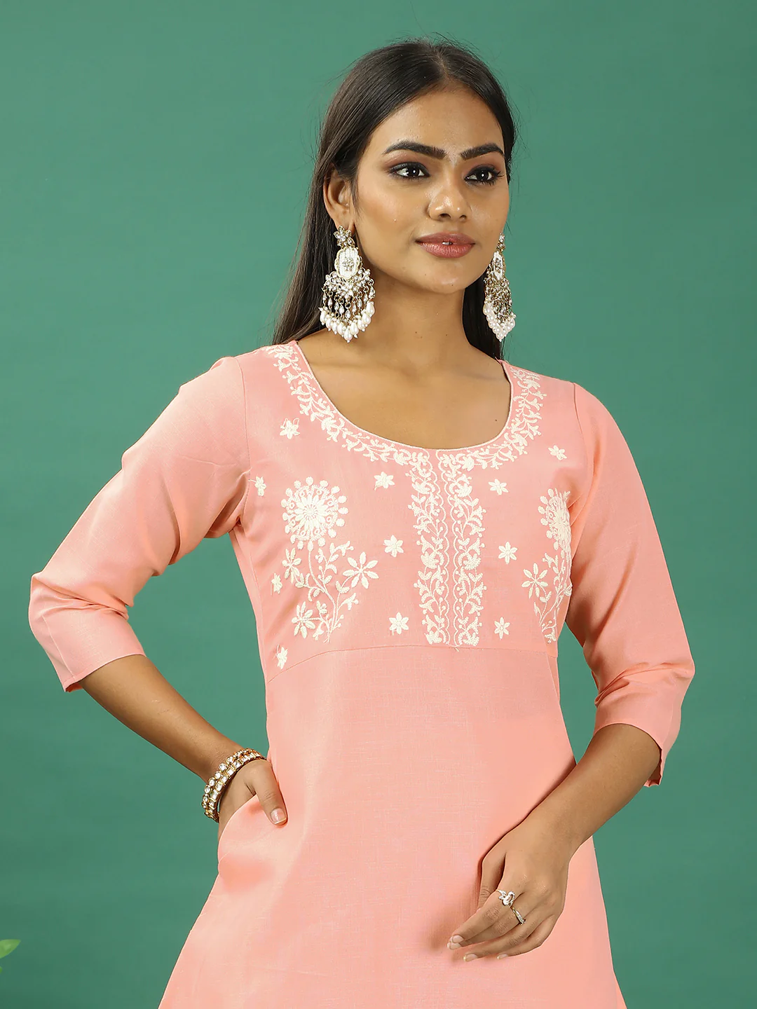 Bollywood Vogue Ready To Wear Peach Rayon Embroidered Narrow Straight Pant Suit - Image 4