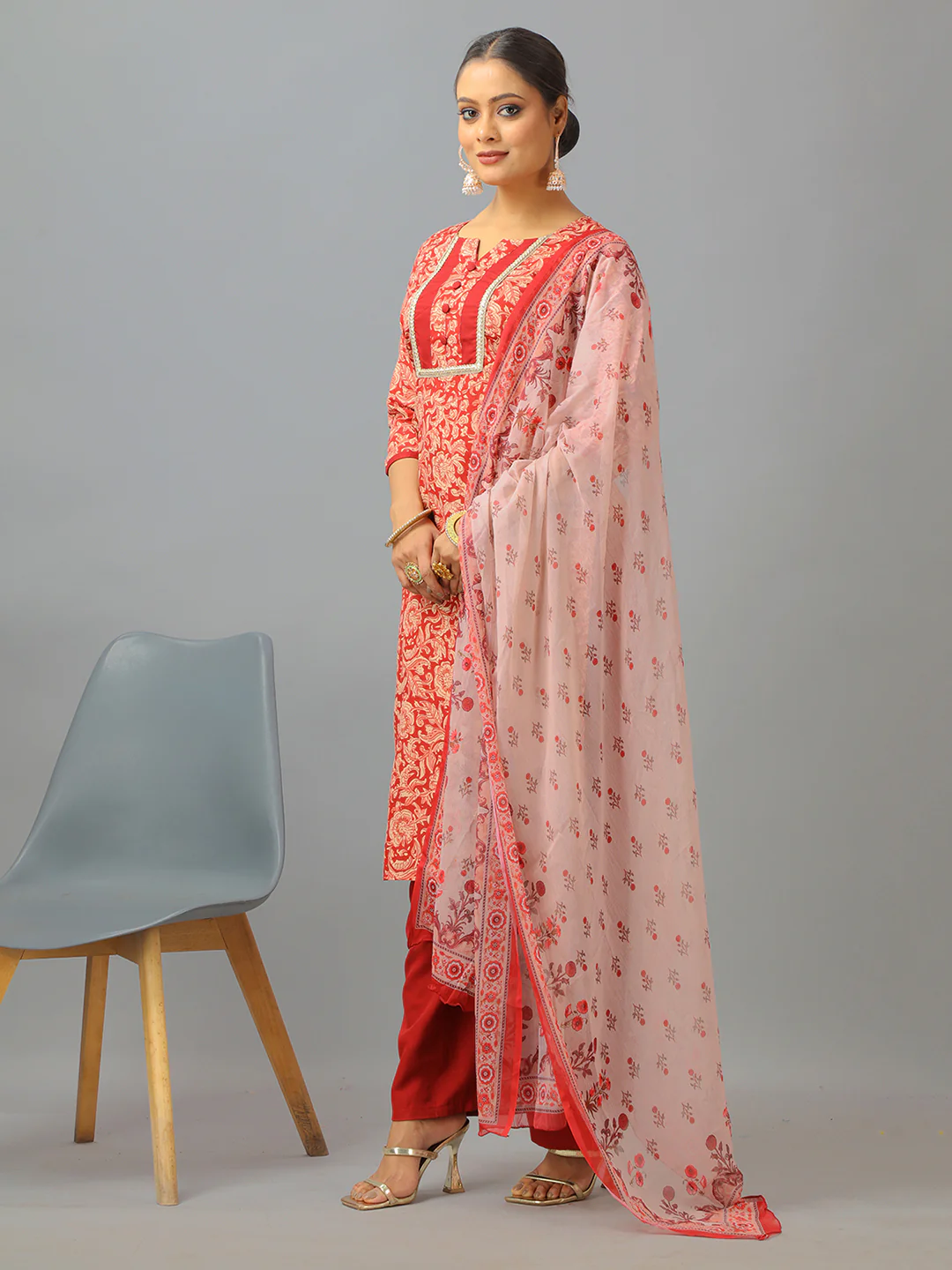 Bollywood Vogue Ready To Wear Maroon Semi Cotton Printed Wide Leg Pant Suit - Image 2
