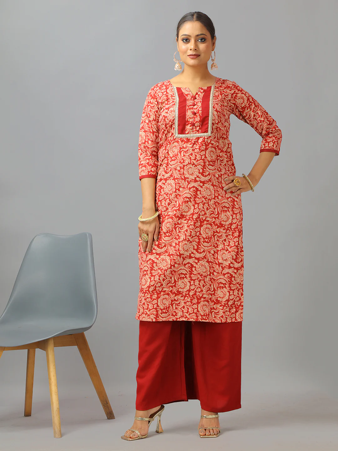 Bollywood Vogue Ready To Wear Maroon Semi Cotton Printed Wide Leg Pant Suit - Image 3