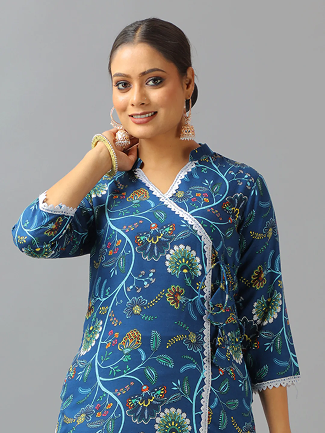 Bollywood Vogue Ready To Wear Blue Art Silk Cotton Kurta Straight Pant Suit - Image 4