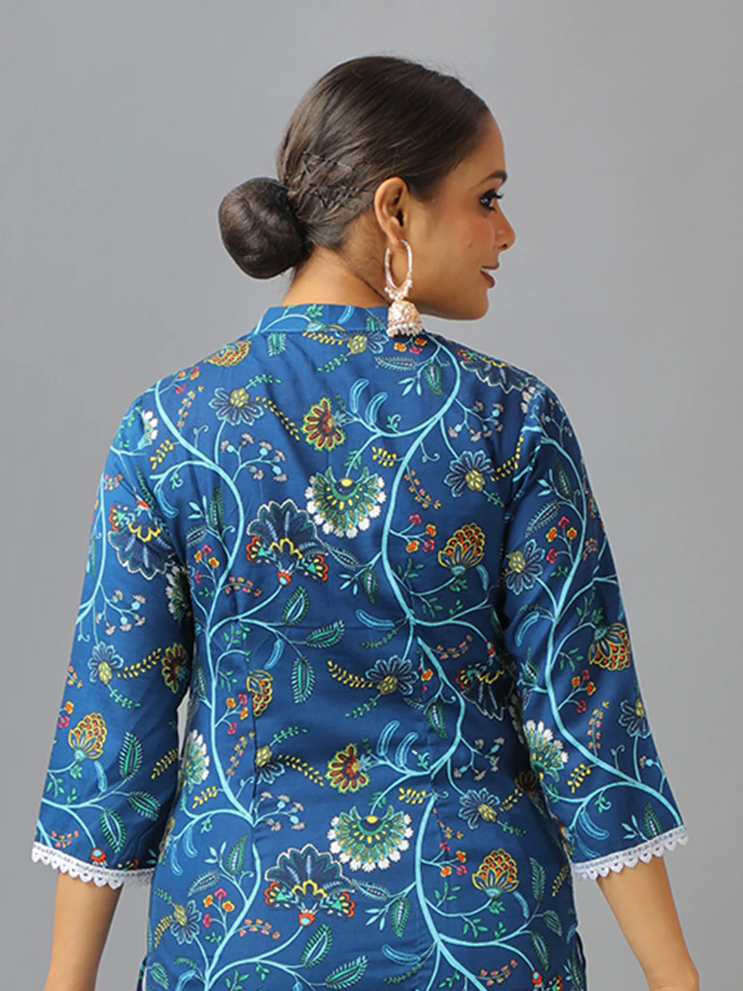Bollywood Vogue Ready To Wear Blue Art Silk Cotton Kurta Straight Pant Suit - Image 5