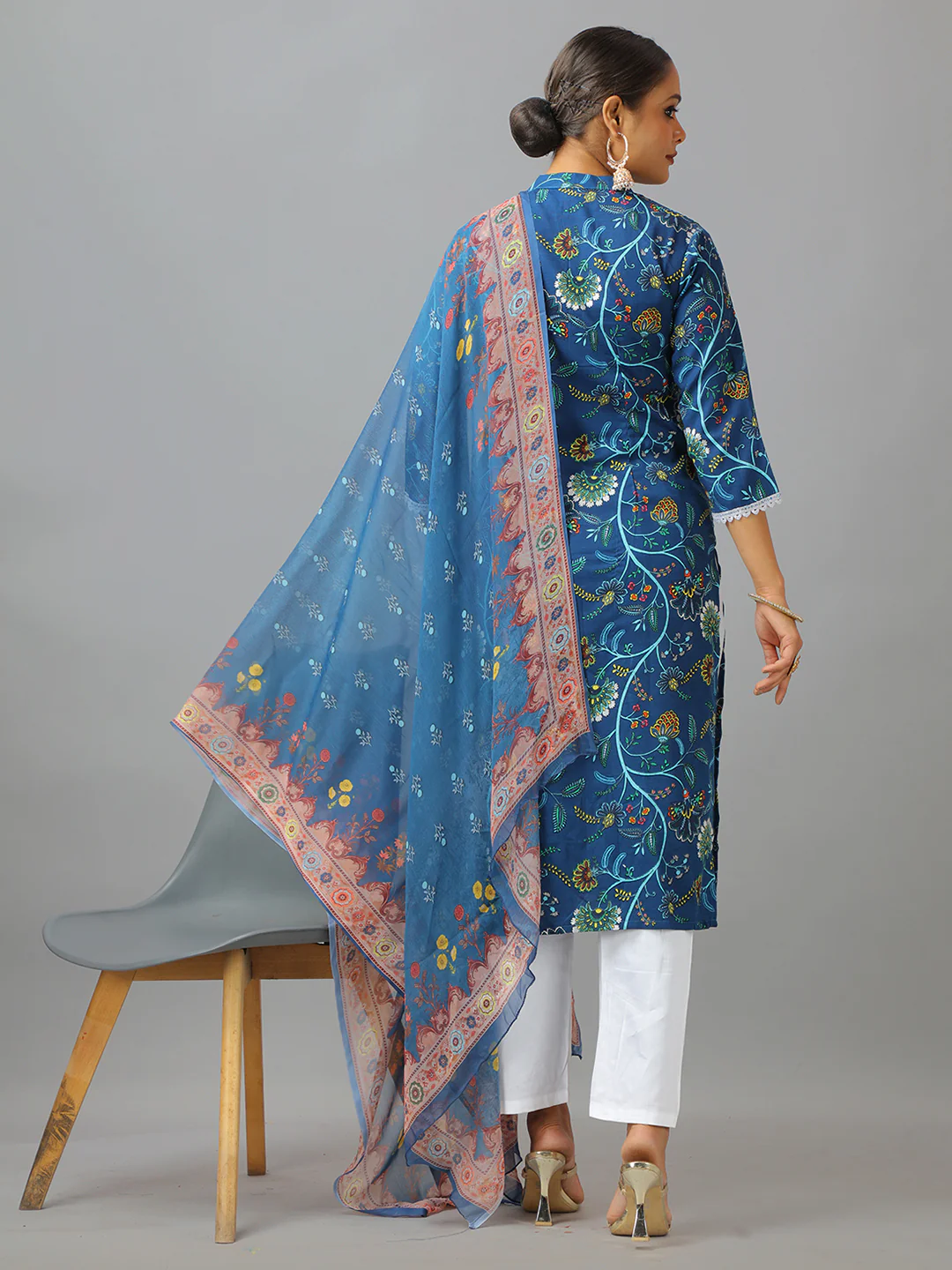 Bollywood Vogue Ready To Wear Blue Art Silk Cotton Kurta Straight Pant Suit - Image 7