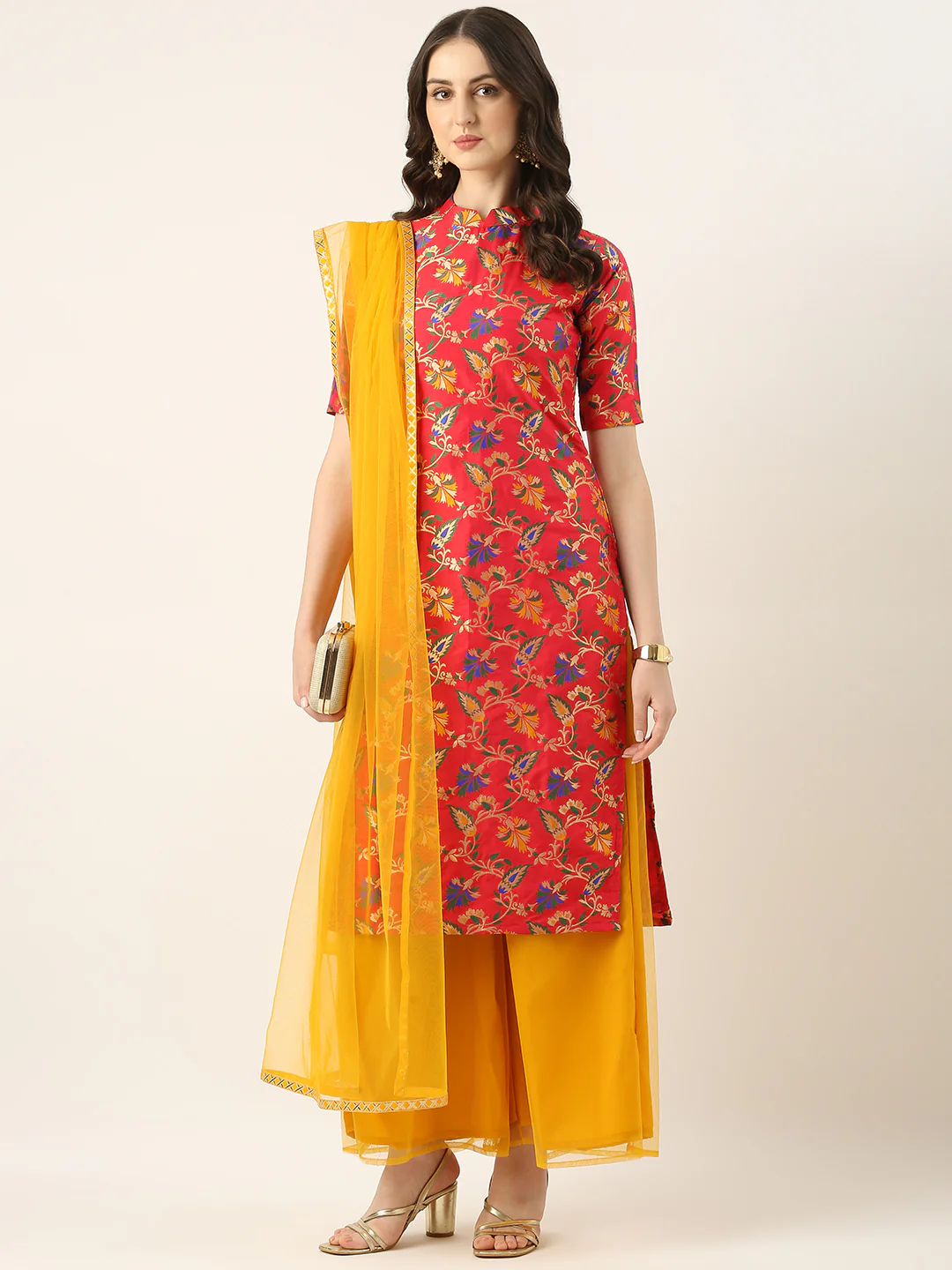 Bollywood Vogue Ready To Wear Magenta Jacquard N Yellow Palazzo Suit - Image 2