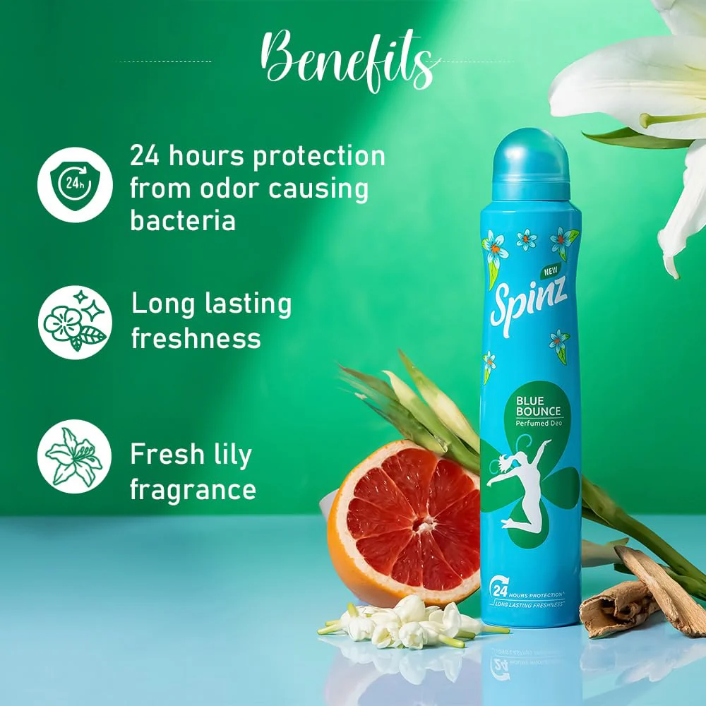 SpinZ Blue Bounce Perfumed Aerosol Deo For Women, With Fresh Tuberose Fragrance For Long Lasting Freshness And 24 Hours Protection From Odour Causing Bacteria, 200Ml - Image 4