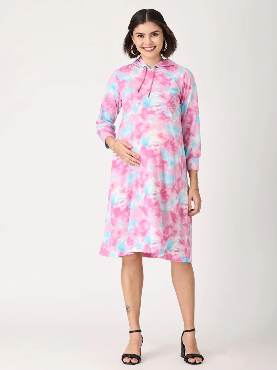 Tie & Dye Maternity Hoodie Dress with Nursing - Image 4