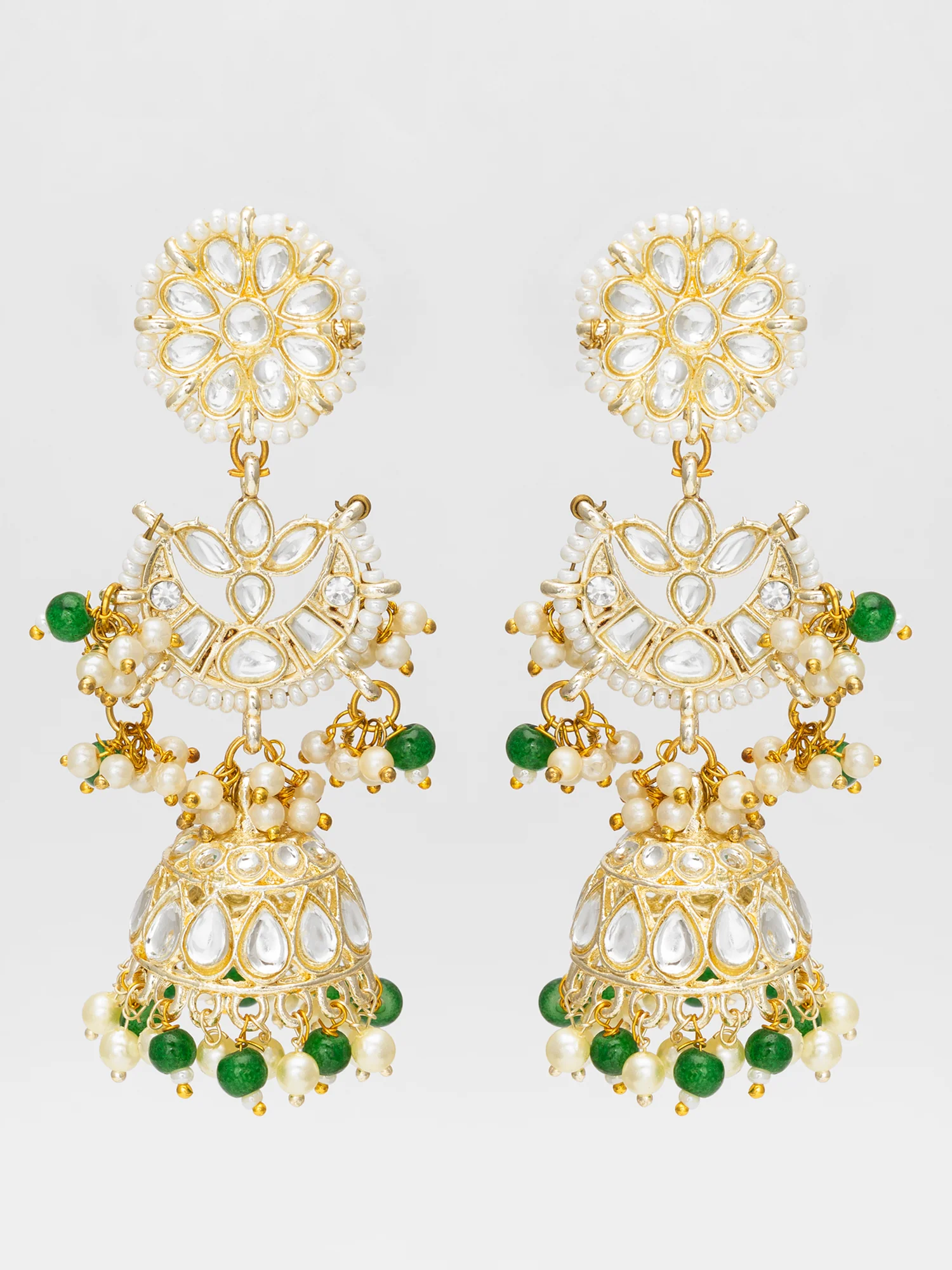 Traditional Kundan Green Bead Pearl Jhumka Earrings