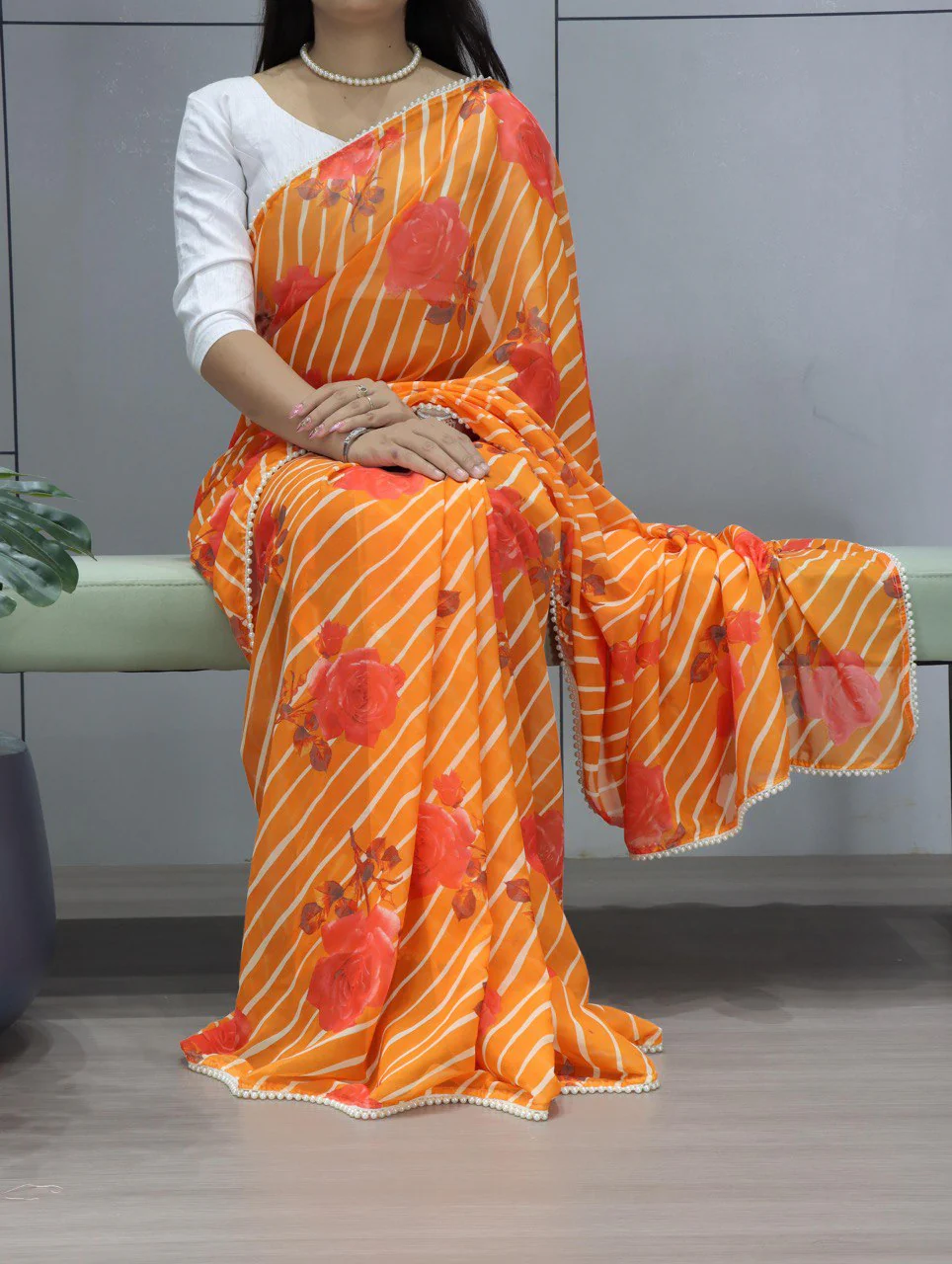 Weightless Printed Saree With Pearl Lace Border
