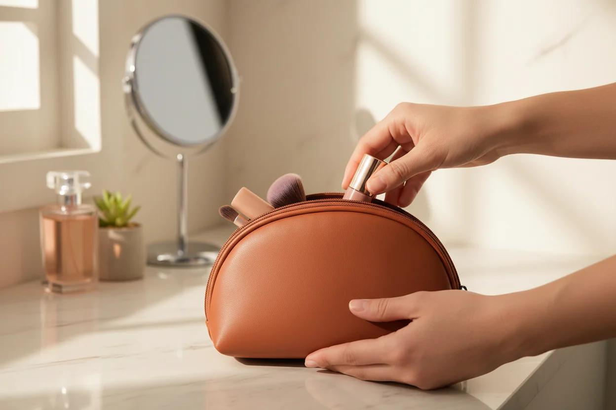 Women's Semicircle Makeup Pouch & Wallet Purse( Tan ) - Image 4